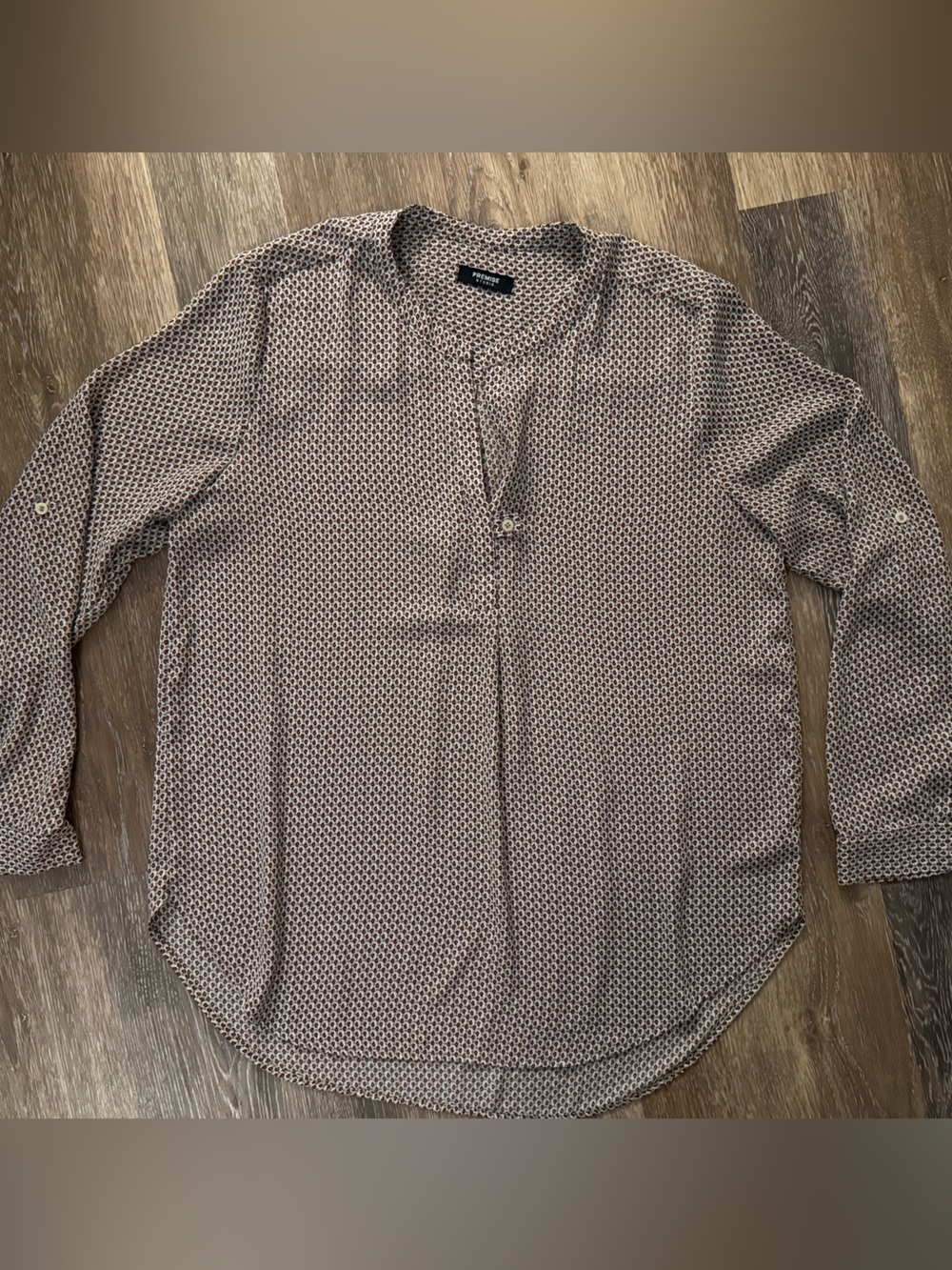 Premise Studio Beige Blouse with Black and Brown Micro-Dot Print